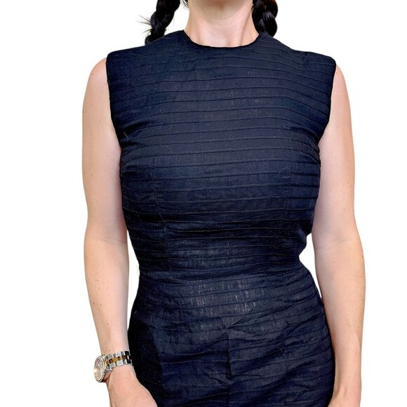 1950s Jerry Gilden Wiggle Dress Black Pleated Sleeveless Sz 4 Thin Linen Cotton? - Picture 2 of 16